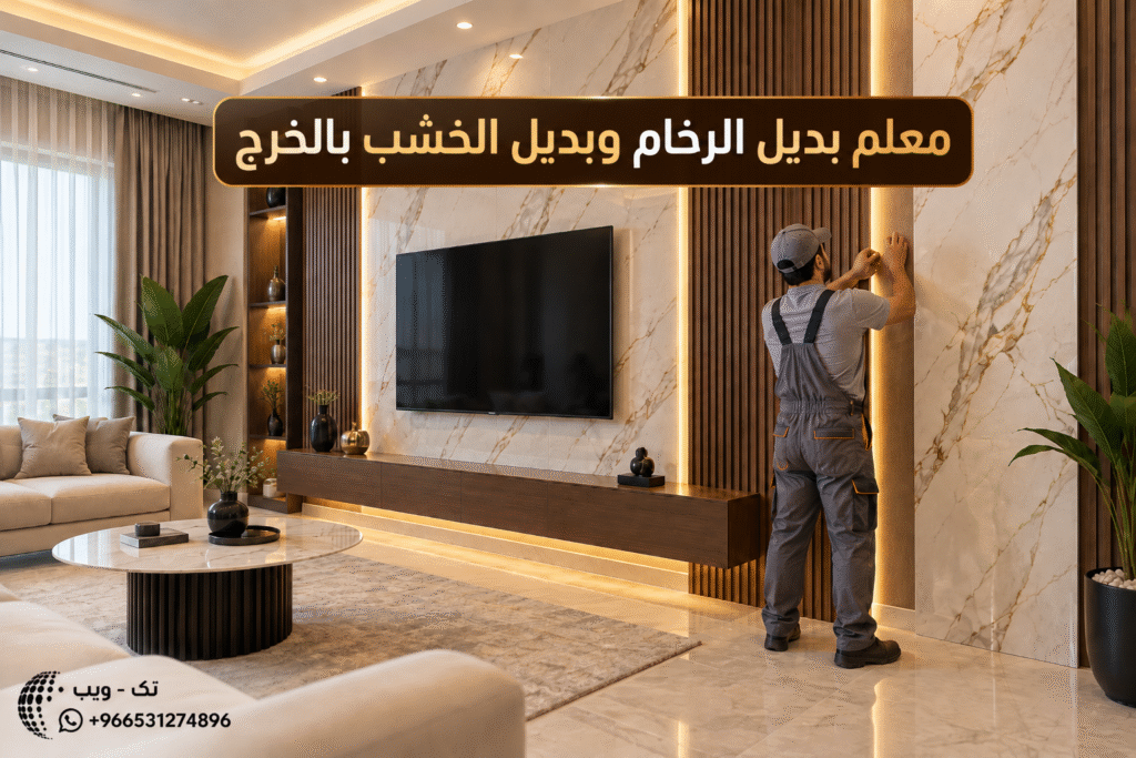 معلم ديكور بديل الرخام وبديل الخشب بالخرج أثناء تنفيذ جدار عصري